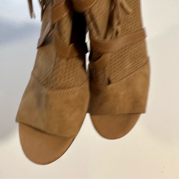 Franco Sarto Fina Tan Peep Toe Bootie Block Heels - Picture 8 of 9